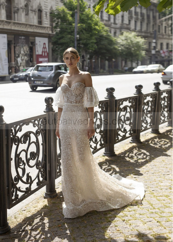 Strapless Ivory Lace Wedding Dress With Detachable Sleeves